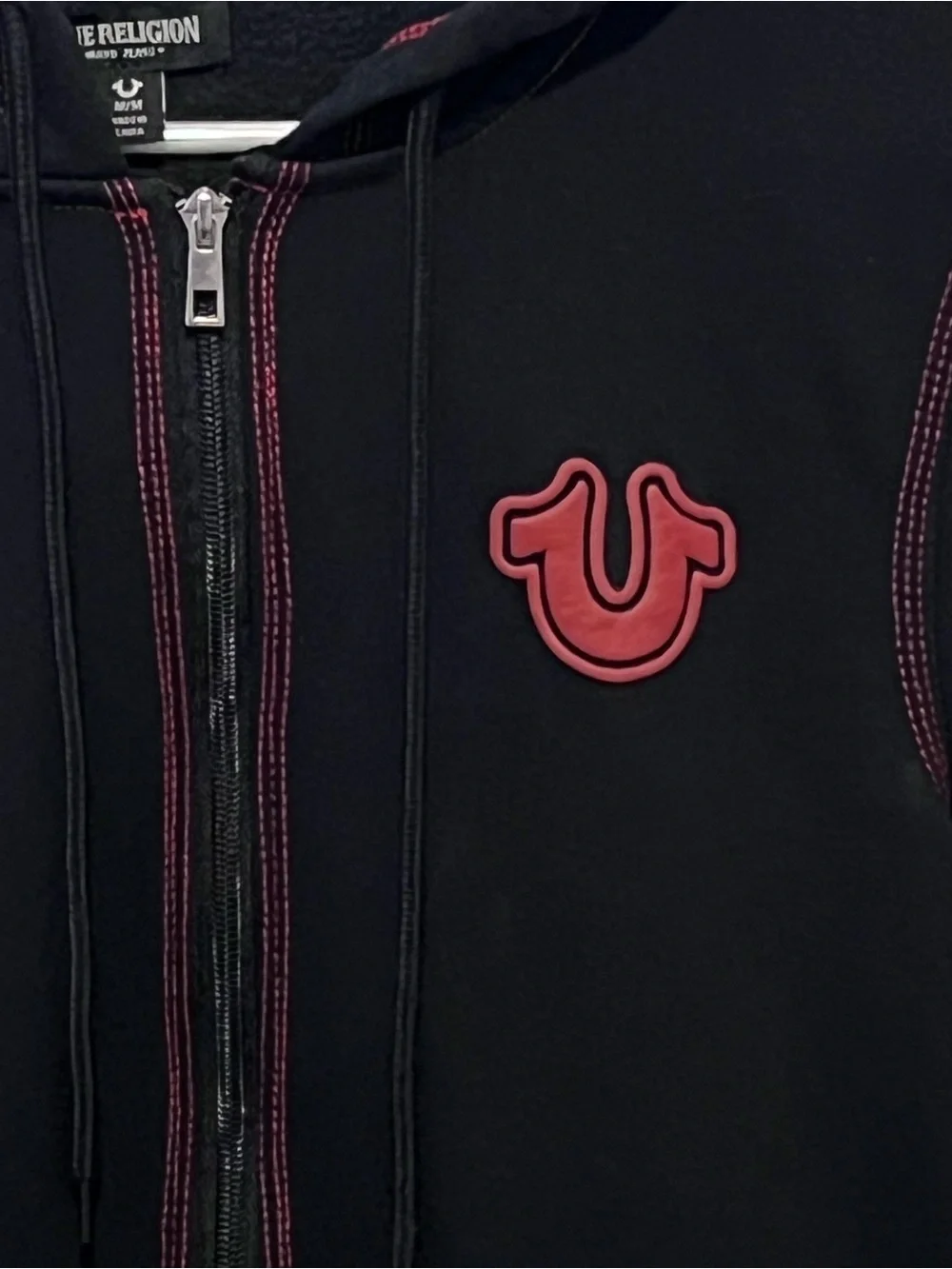 True Religion Black Hoodie with Red Contrast Stitching